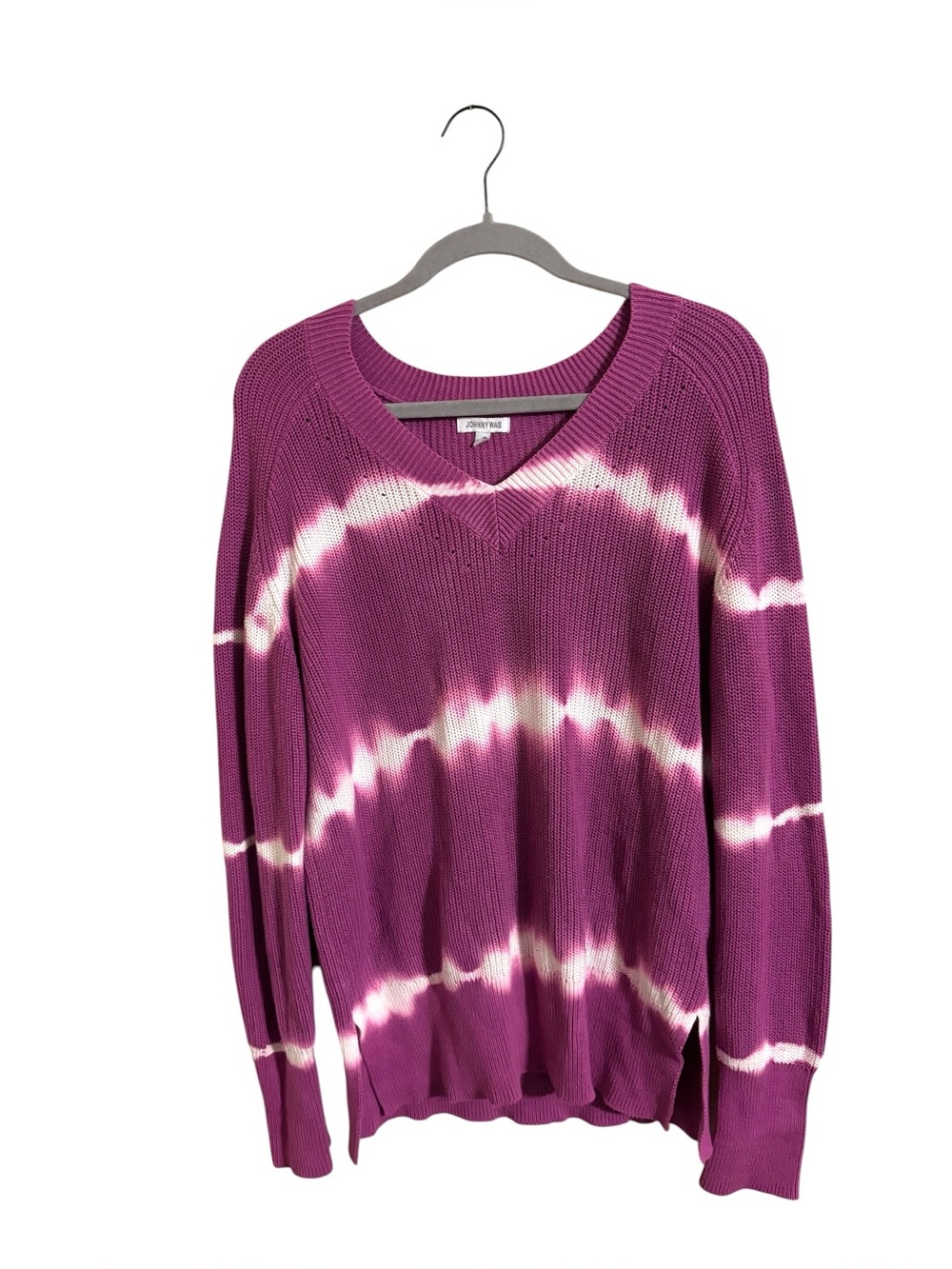 Johnny‎ Was Pink Tie Dye Striped V-Neck Cotton Sweater Medium